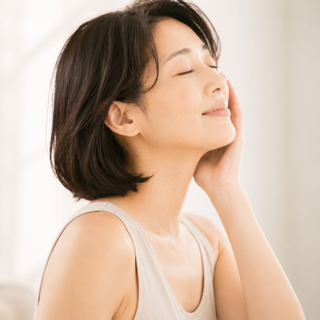 頬に手を添える女性