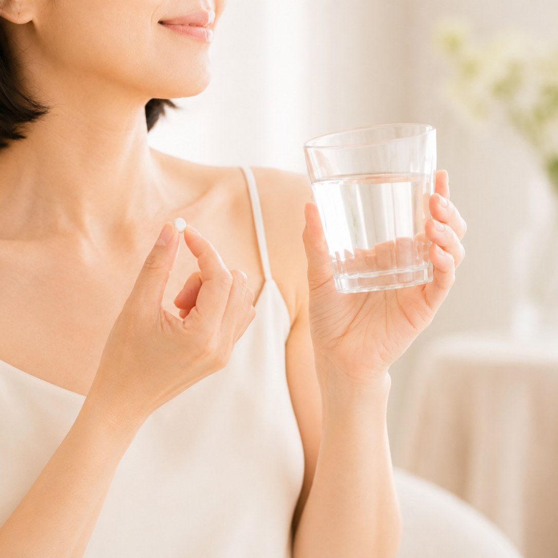 薬と水を持つ女性